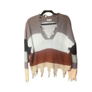 Miracle V Neck Colorblock Distressed Sweater